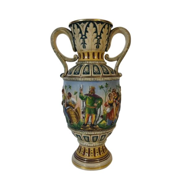 19th Century Two Handled Amphora Vase With Hand Painted 3D Relief