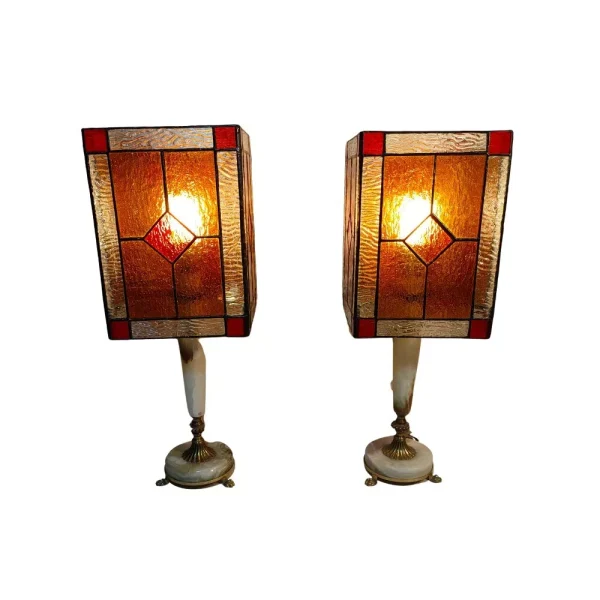 Pair of GSE Ottone Garantito Table Lamps Brass & Onyx Tiffany Style Stain Glass - Image 2