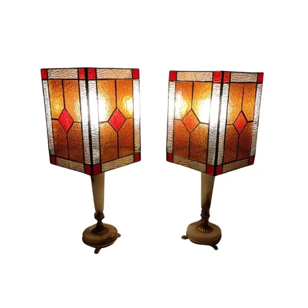 Pair of GSE Ottone Garantito Table Lamps Brass & Onyx Tiffany Style Stain Glass