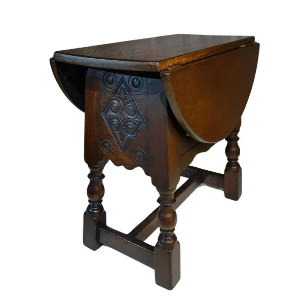 Antique Oak Carved Swivel Top Drop Leaf Side Table With Cupboard and Splayed and Turned Legs