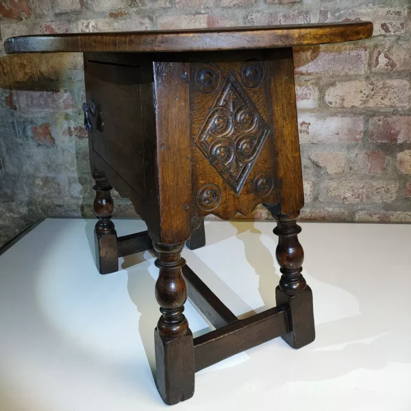 Antique Oak Carved Swivel Top Drop Leaf Side Table With Cupboard and Splayed and Turned Legs - Image 3