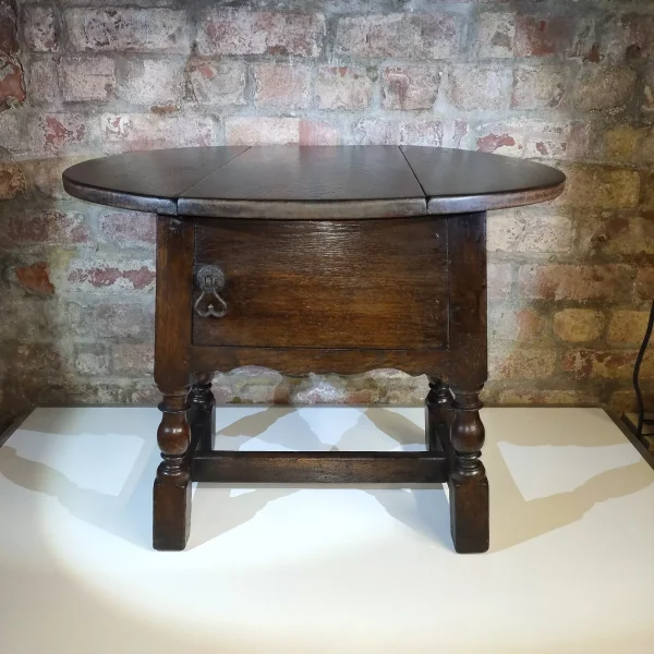 Antique Oak Carved Swivel Top Drop Leaf Side Table With Cupboard and Splayed and Turned Legs - Image 2