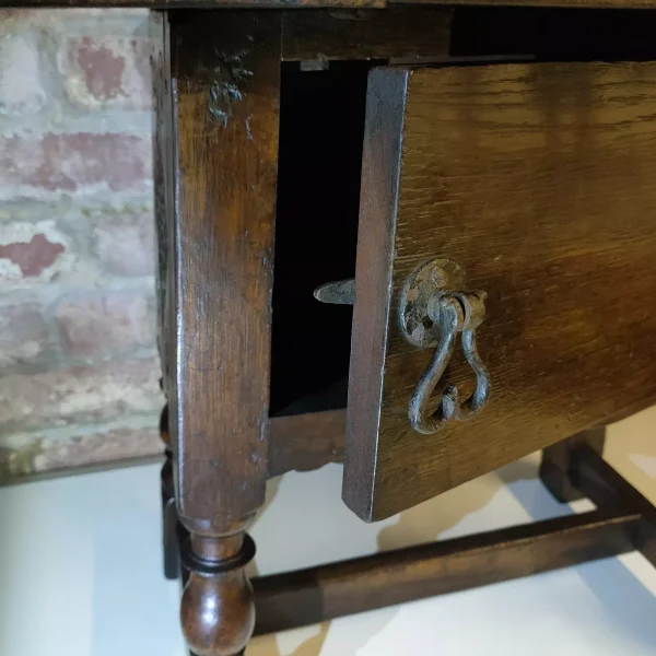 Antique Oak Carved Swivel Top Drop Leaf Side Table With Cupboard and Splayed and Turned Legs - Image 6