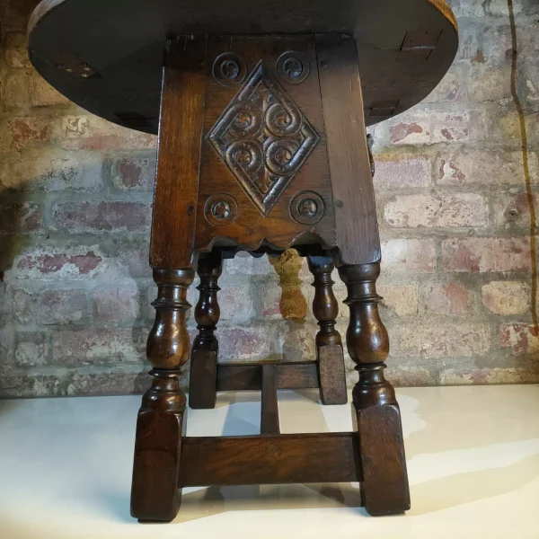 Antique Oak Carved Swivel Top Drop Leaf Side Table With Cupboard and Splayed and Turned Legs - Image 4