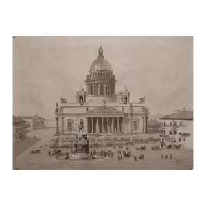 19thC Antique St Isaac Cathedral Drawing & Watercolor on Paper Signed 1800's