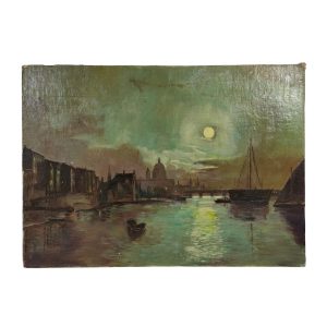 River Thames London Landscape Antique Oil on Canvas Board