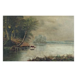 Unknown Artist Antique Oil On Canvas Doe and Fawn Drinking At The Lake