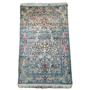 Kashmiri Silk Rug Tree of Life Design Vintage Carpet Wall Hanging 1970s 2.5'x4'